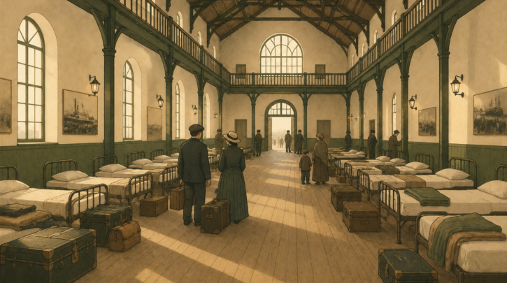 Illustration of a German emigration museum hall in Bremerhaven or Hamburg