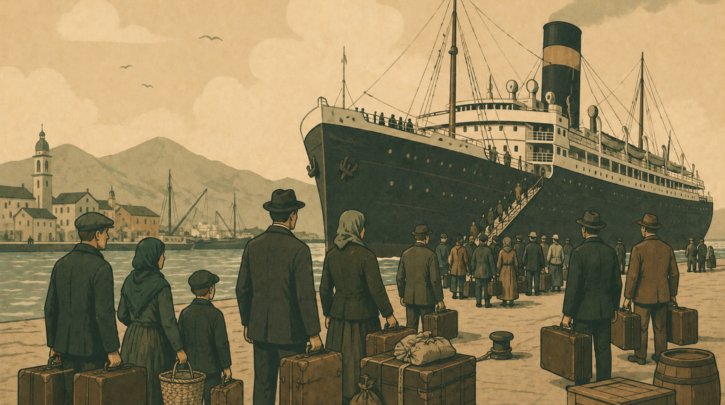 Illustration of emigrants departing from a German port