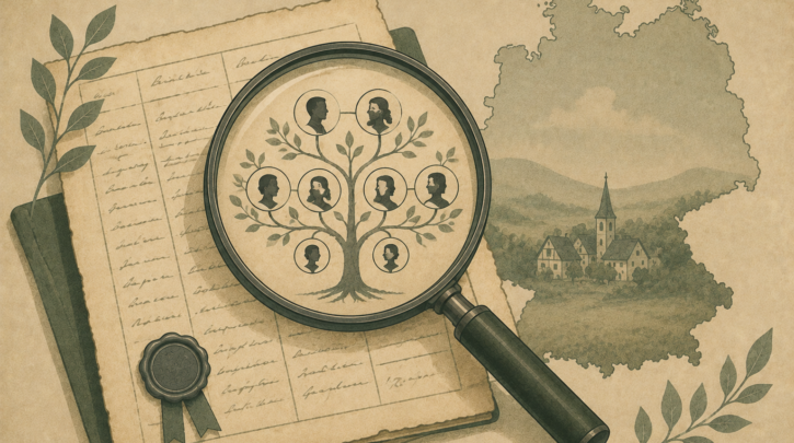 Illustration of tracing a German family tree from an old document