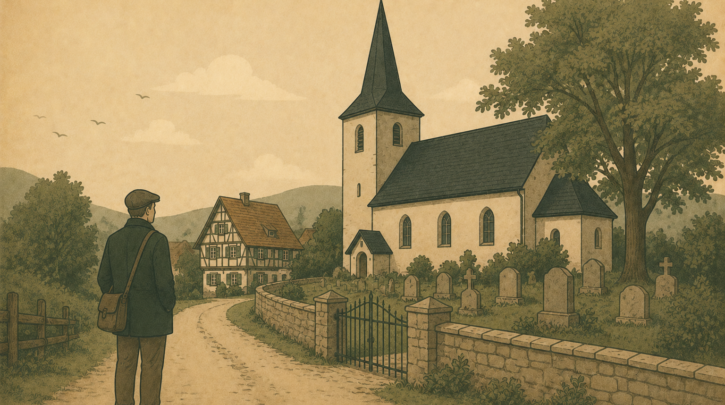 Illustration of visiting an ancestral German village church and cemetery